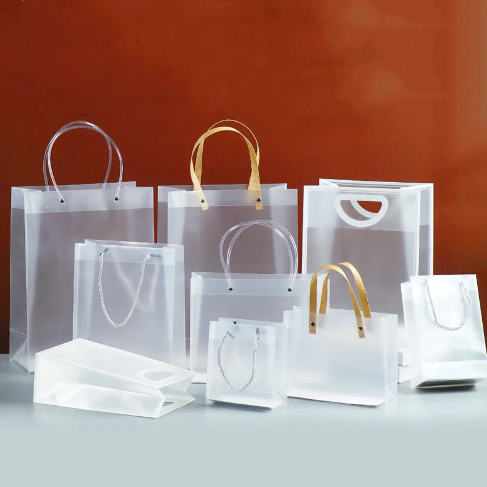 1PC Frosted Plastic Bags with Handles PVC Translucent Souvenir Tote Bag Party Transparent Gift Wrapping Bag Storage Supplies