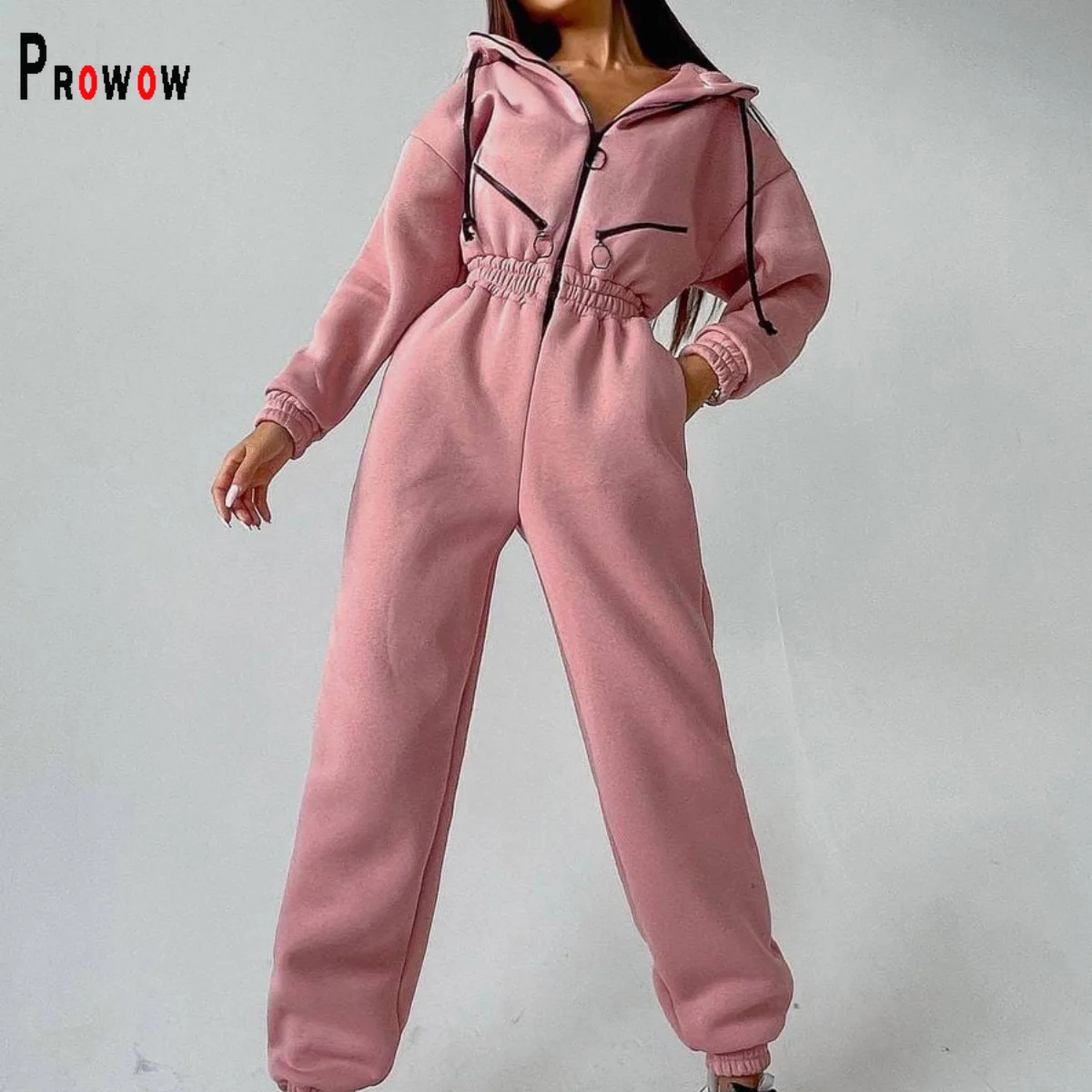 Prowow Fashion Women Jumpsuits Zipper Hooded Thick Fall Winter Female One-piece Romper High Waist Slim Fit Tracksuits Clothing