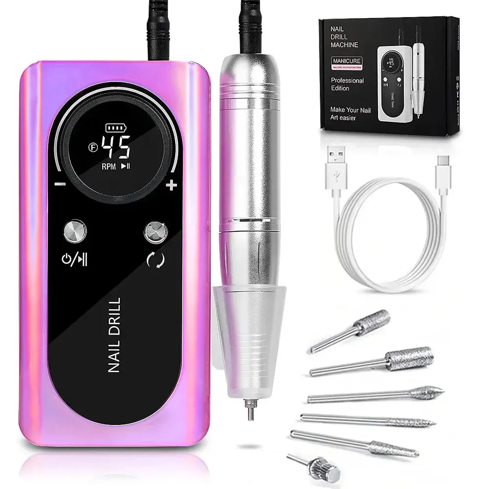 Electric Nail Drills Rechargeable 45000 RPM Nail Filer Machine With LCD Display 2 Rotations for Acrylic Nails Gel Nails Manicure