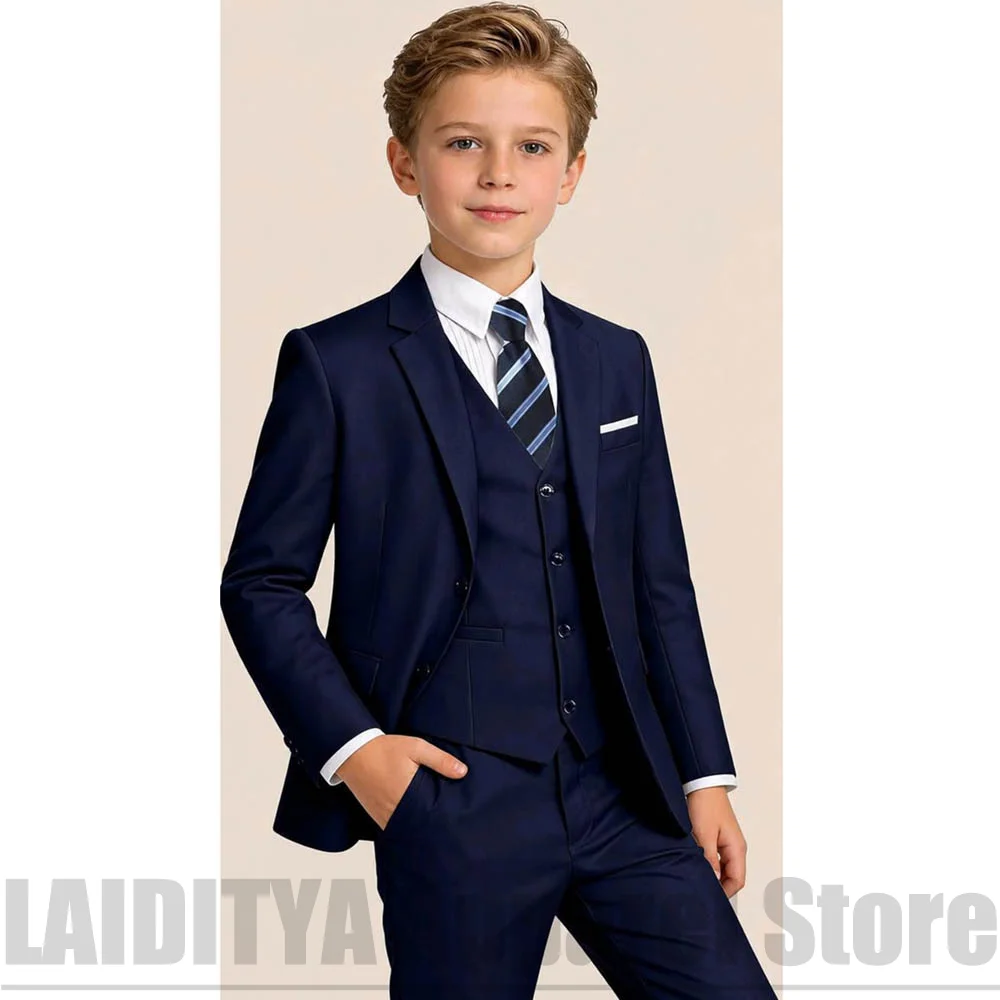 Boys Navy Blue Three Piece Suit Single Breasted Blazer Waistcoat Pants Kids Outfit Birthday Party Wedding Ring Bearer Tuxedo
