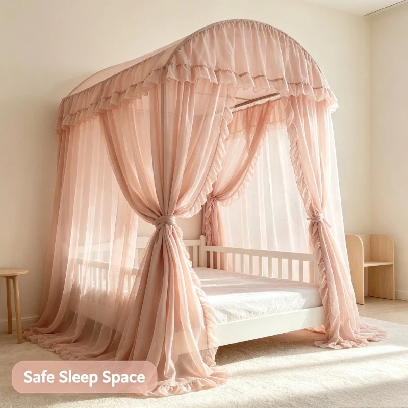 Pink Palace Style Bed Canopy Mosquito Net Floor-Length with Ruffle Trim for Bedroom Romantic Decor