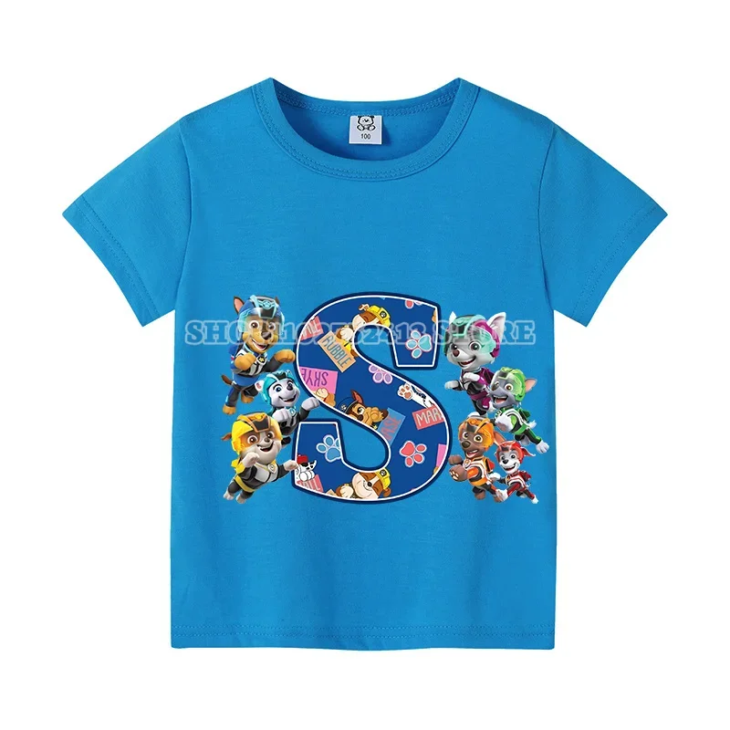 Paw Patrol T-Shirt Zomer Ronde Hals Schattige Cartoon Kleding Kids Korte Mouw Achtervolging Letters Print Jongens & Meisjes Tops Verjaardagscadeau