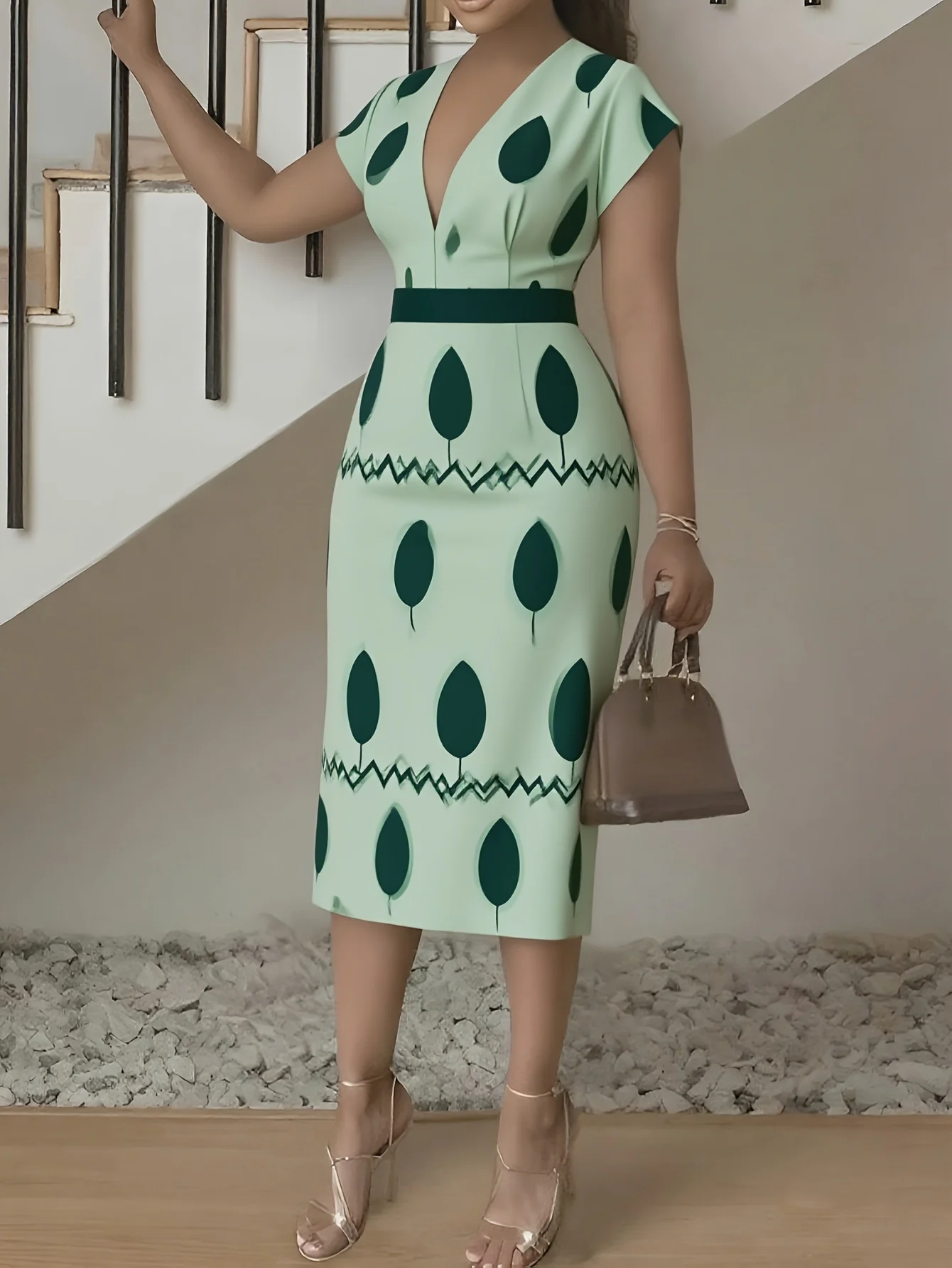 Fresh Mint Green Leaf Print Bodycon Midi Dress Women V Neck Cap Sleeve Contrast Waistband Slim Fit Casual Daily Office Dress