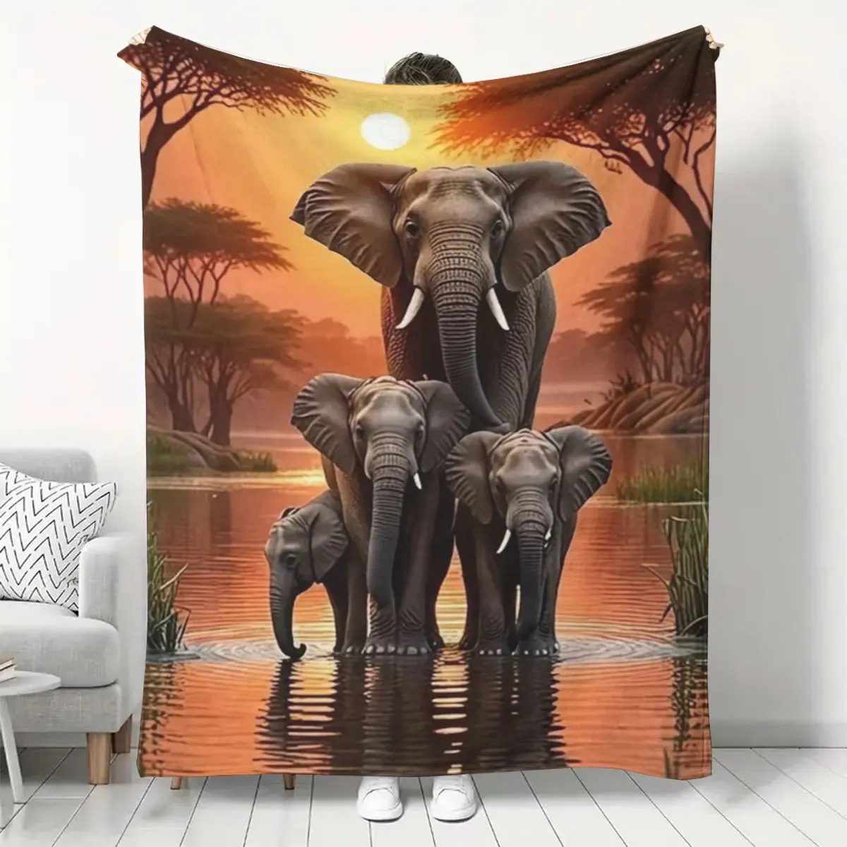 African Savannah Sunset Water Reflection Elephant Family Art Print Blanket for Camping Travel Rustic Wild Animal Home Decor Rug