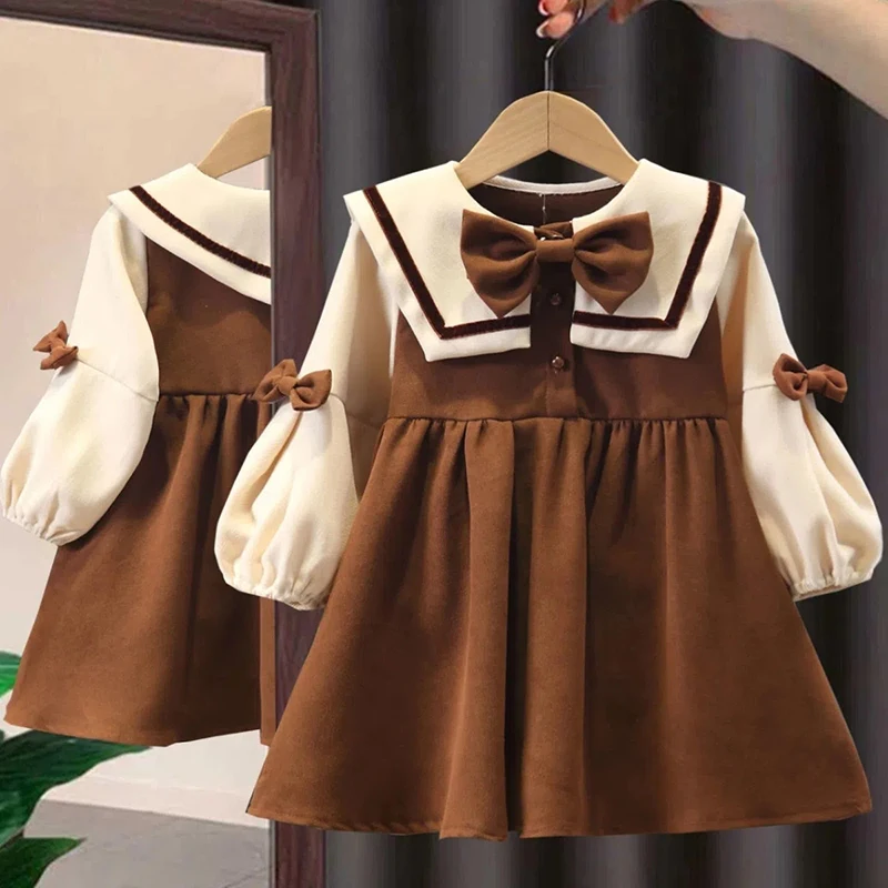 

Spring Kids Dresses for Girls Long Sleeve Bow Casual Dress Autumn Princess Korean Fashion Dress School Uniform Girls Clothing