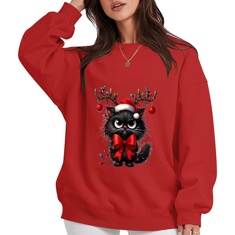 

Рождественские толстовки с котом для женщин, уличная одежда, пуловеры, кофты, женские топы, очаровательные с рождественской шапкой и рогами, новинка 2023 г.