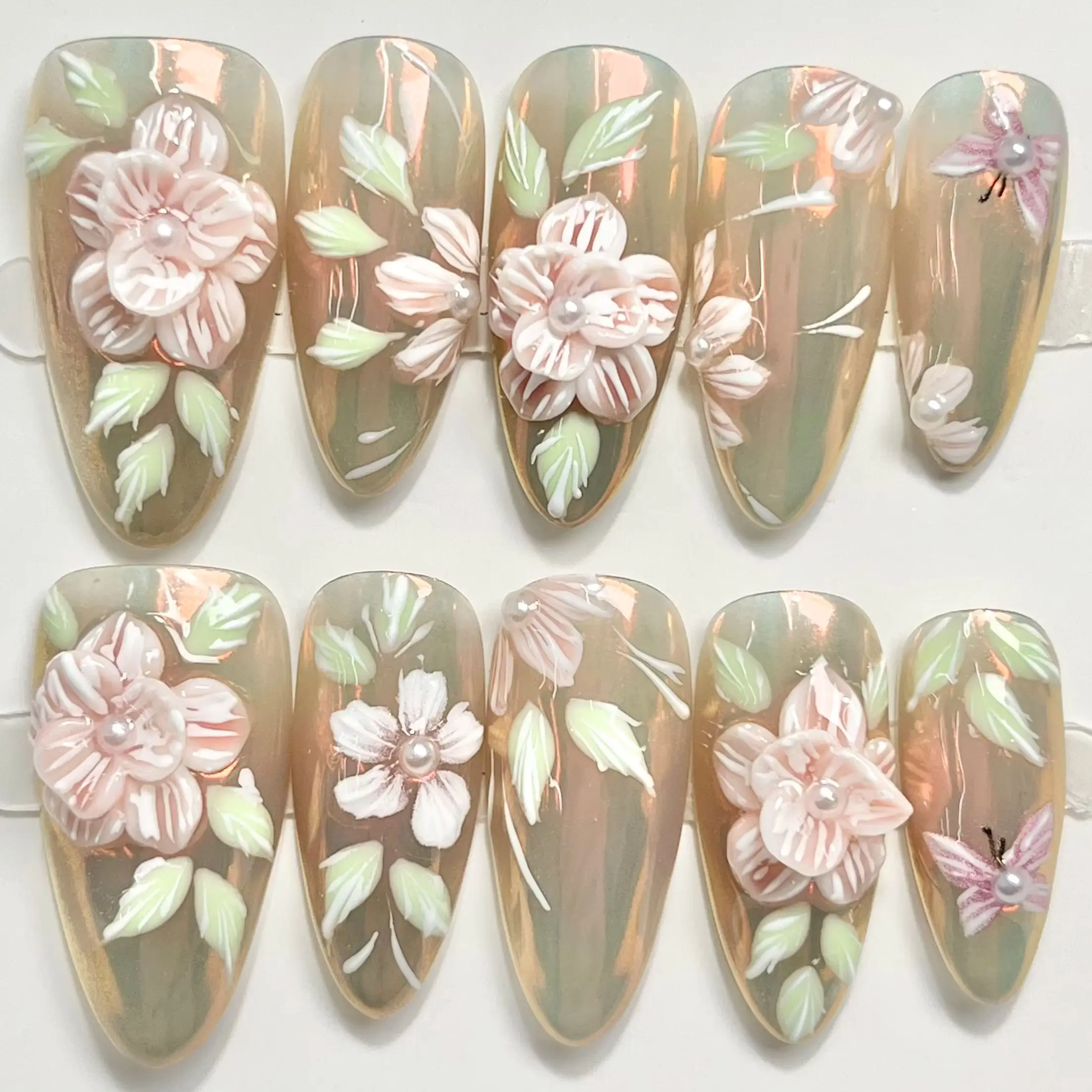 10 PCS 3D Sculpt Flower Aurora Green Handmade Press On Nails