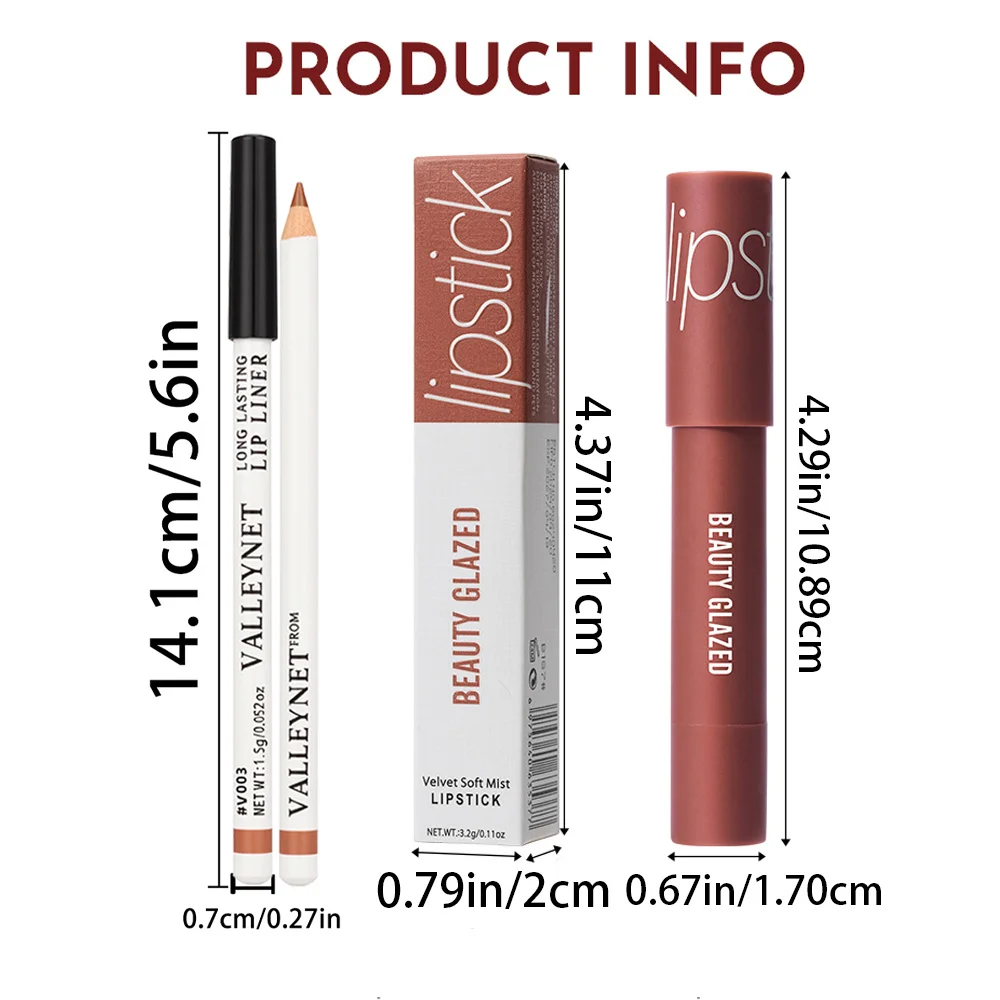 Juego de 2 unidades de delineador de labios mate y lápiz labial de terciopelo: duradero, resistente al agua, adecuado para un juego combinado de labios de maquillaje diario.
