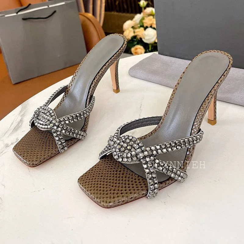 Luxury Rhinestone Thin high Heel Slippers Women Square Toe Cross Band Shiny Crystal Sandals Summer Sexy Party Dress Shoes 2024