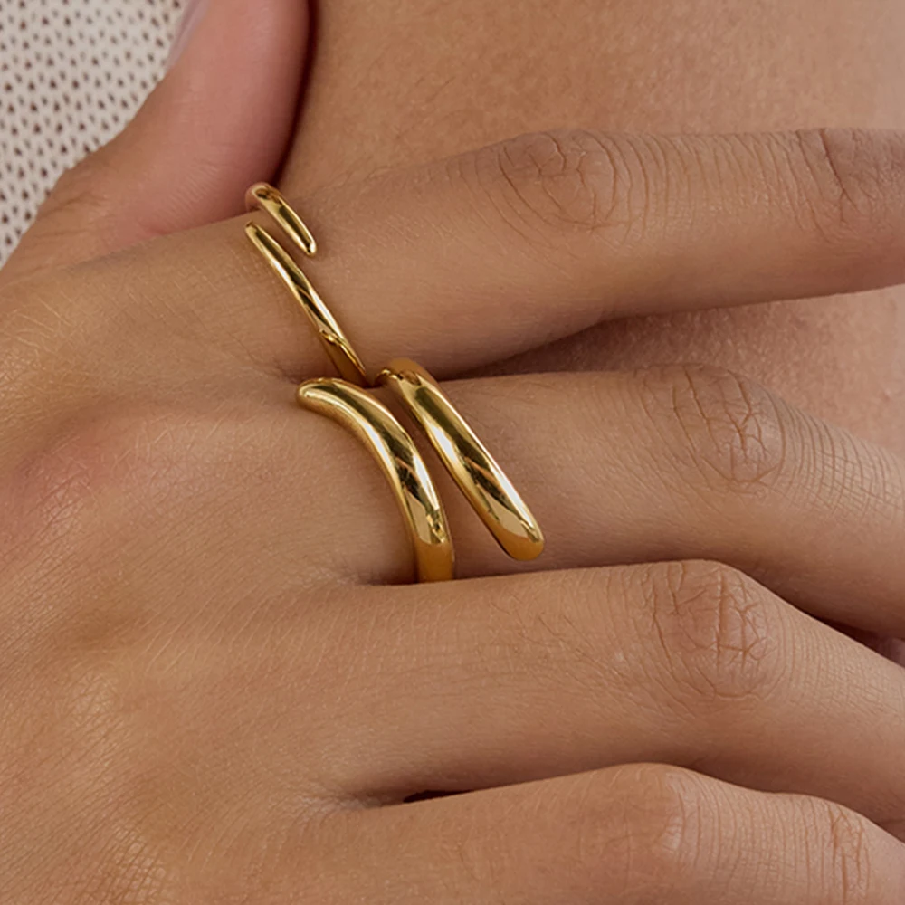 

AIKOER Minimalist Waterproof 18K Gold Color Plated Stainless Steel Line Ring Asymmetric Stackable Ring Women's Jewelry