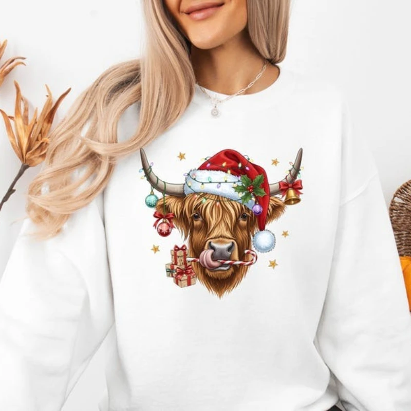 

Рождественская толстовка с капюшоном Highland Cow, праздничная осенне-зимняя толстовка с изображением сельскохозяйственных животных, сохраняющая тепло, одинаковые толстовки с длинными рукавами, пуловер