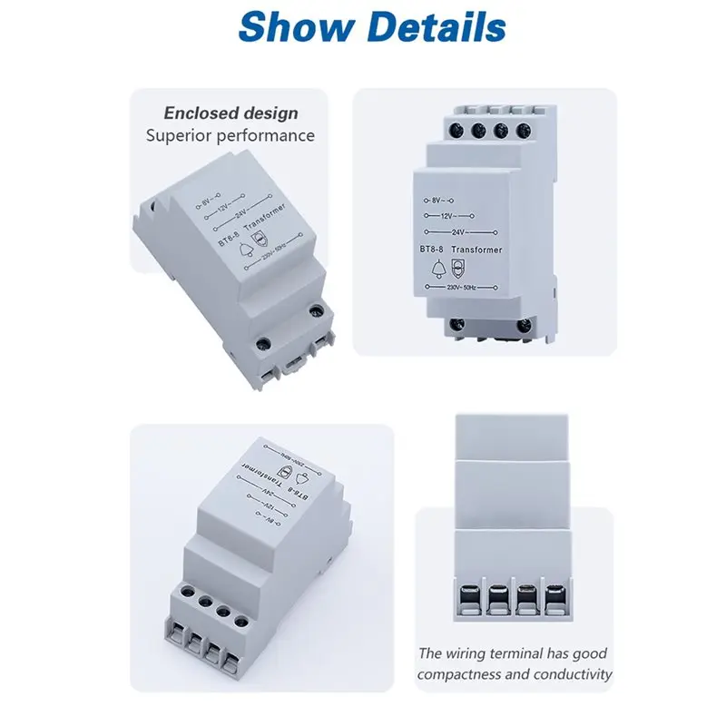 ABYN-Protector Rated Voltage Doorbell Transformer BT8-8 8/12/24V For Ring/Bell Smart Rail Type Protection
