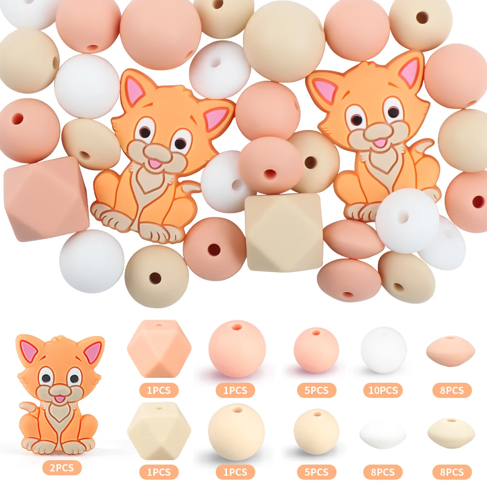 

50Pcs/Set Baby Silicone Beads Cute kitten Teether Teething Beads DIY Jewelry Necklaces for Pacifier Chian Clips Accessories Gift