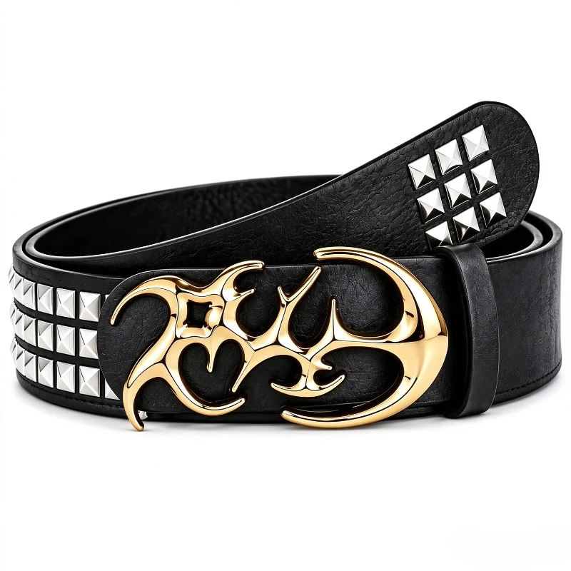 Women's Punk Hollow Eyelet Rivet Belt, Square Bead Strap Casual Korean Style Waistband, All-match Decor Belt for Jeans Outfits