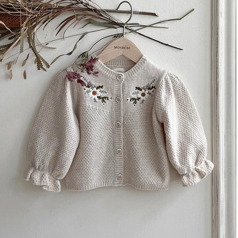 Autumn New Children Long Sleeve Sweater Coat Baby Girls Embroidered Knitted Cardigan Jacket Kids Toddler Single Breasted Clothes