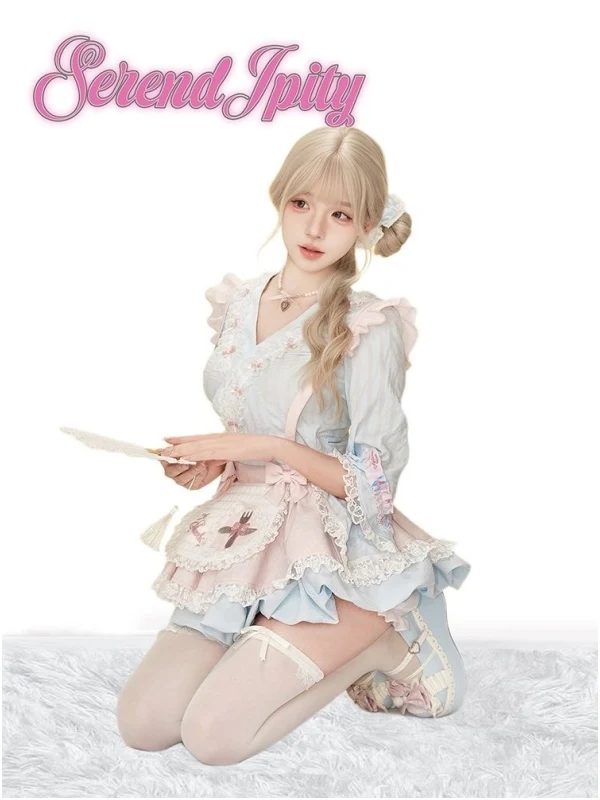 Dophee สไตล์ญี่ปุ่นสาวหวาน Lolita ชุดลูกไม้พิมพ์ V คอเสื้อ + น่ารักโบว์ Suspender กระโปรงผู้หญิงชุด