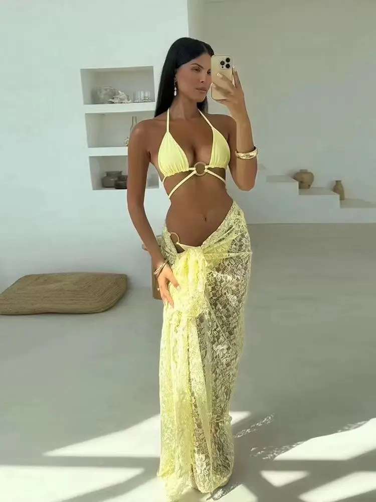 Sexy Halter Triangle Bikini With Sheer Lace Skirt Set Women's 3Pcs Swimwear Fashion Lady Ring Detail Biquini Swimsuit Beachwear