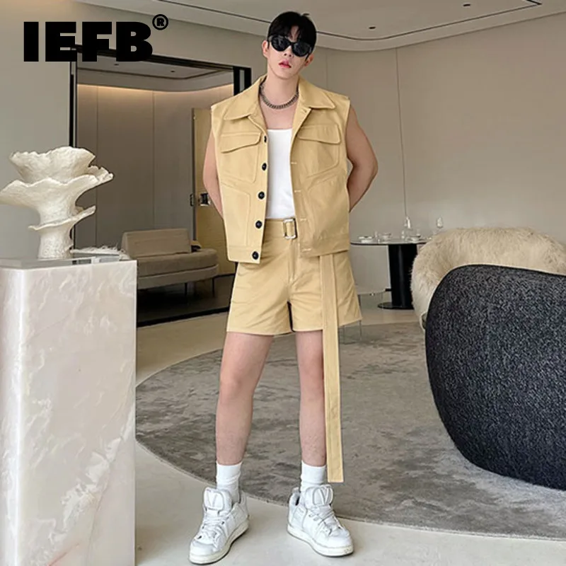 

IEFB Niche Style Men's Two-piece Lapel Sleeveless Wire Pocket Tank Tops Straight Wide Leg Male Casual Short New Fashion 9C6438