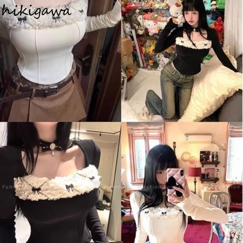 Temperament Woman Tshirts 2023 Ropa Mujer Slim Waist Knitted Tees Crop Tops Fashion Vintage Lace Ruffles Tunic Sexy T-shirt