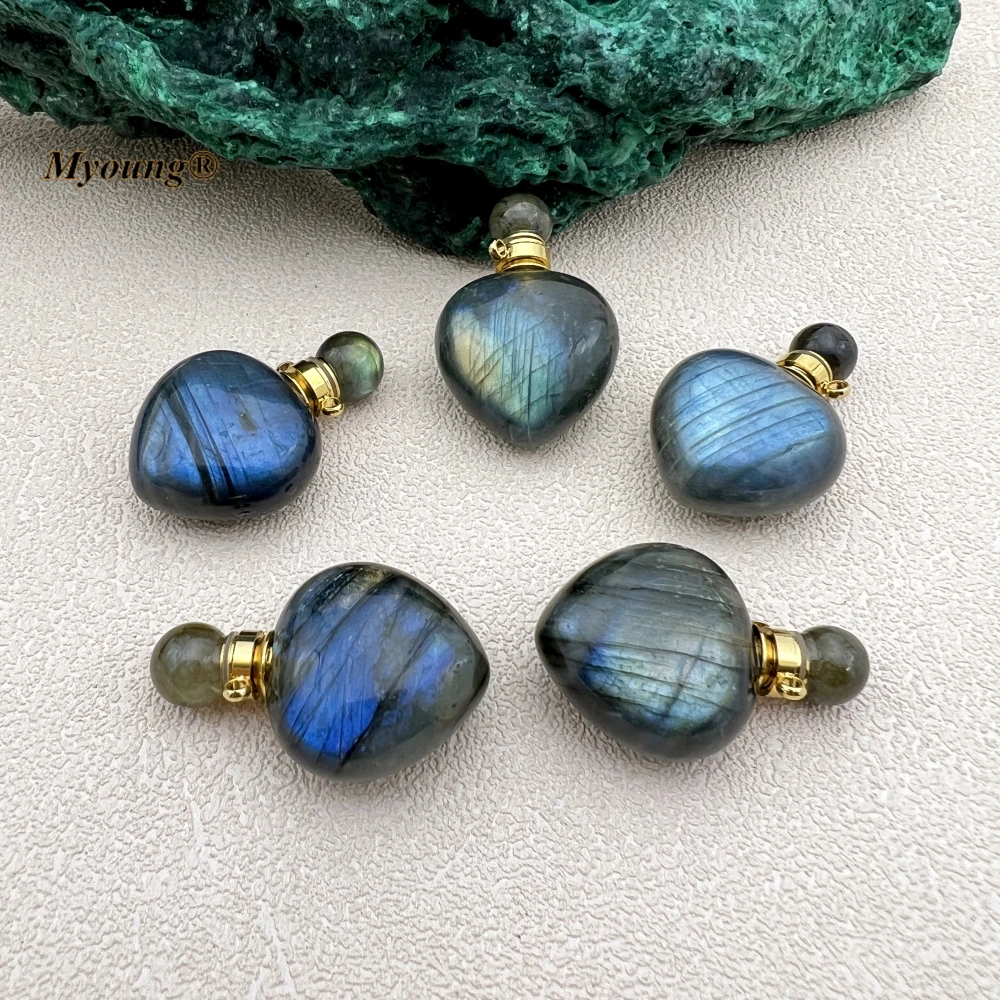 5PCS Cute Heart Shape Natural Stone Flash Labradorite Perfume Bottle Pendant Essential Oil Vial Jewelry For Women MY231060