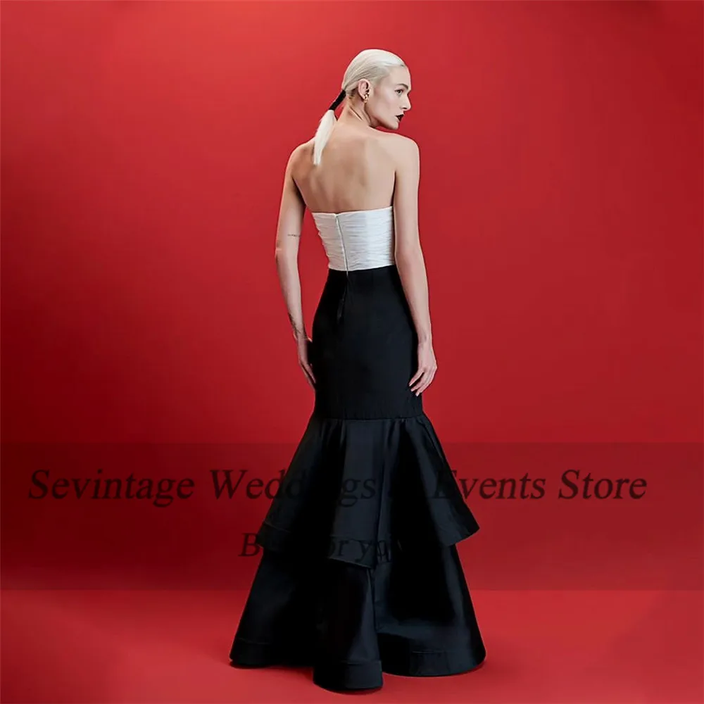 Sevintage Fashion Black White Mermaid Prom Dress Satin Strapless  Ruched Tiered Floor Length Evening Dress vestido de gala 2024