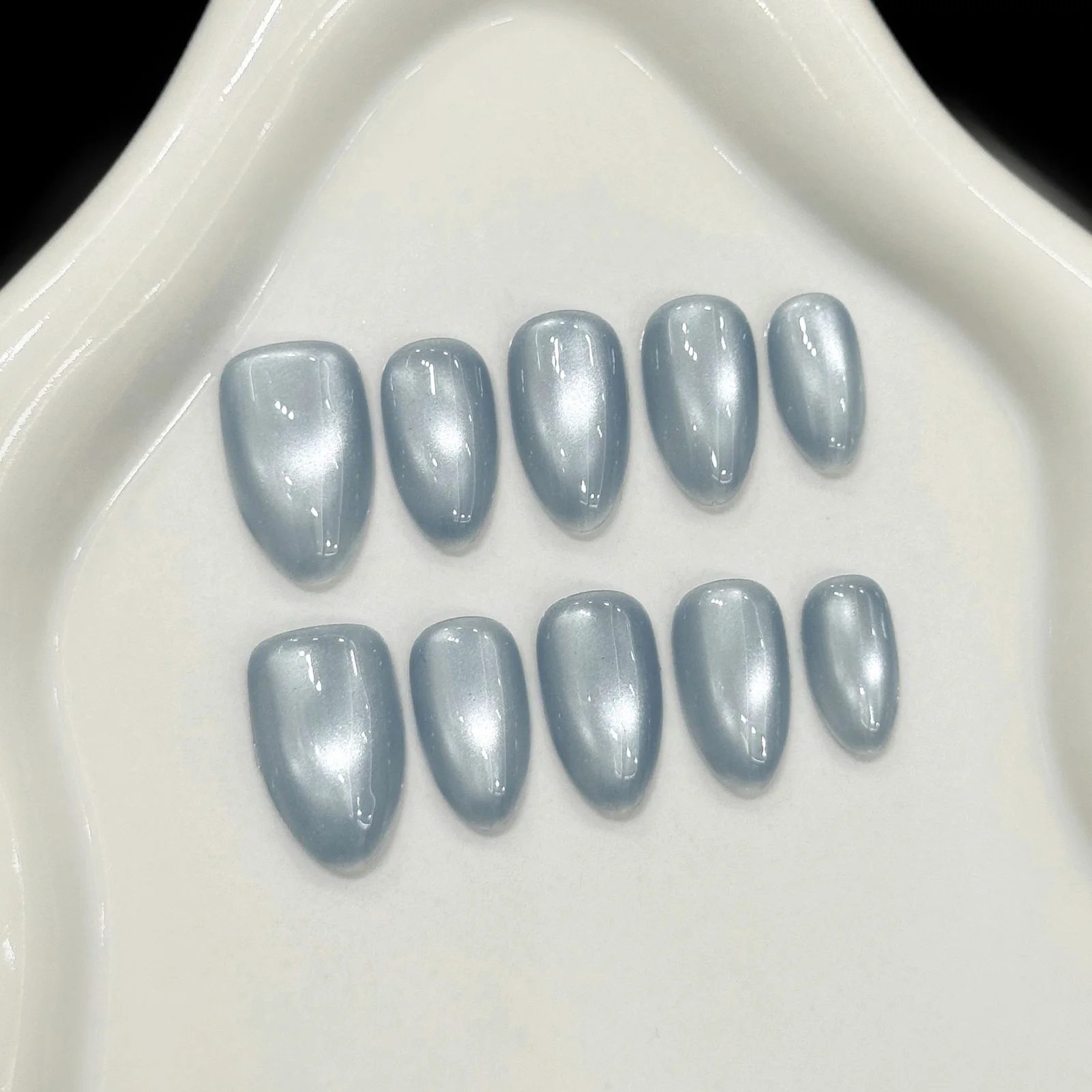 10pcs Handmade Press on Nails Solid Color Glass Bead Cat Eyes Fake Nails Reusable Ins Simple Long Almond False Nail Tip Wearable