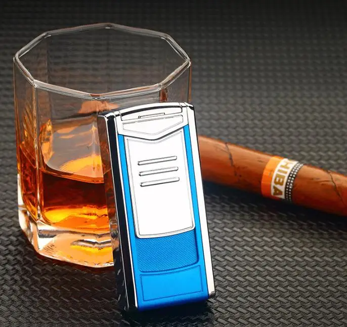 

Креативная уличная ветрозащитная бутановая газовая зажигалка с синим пламенем, тройной спрей, металлические аксессуары для сигар, деловой мужской подарок премиум-класса