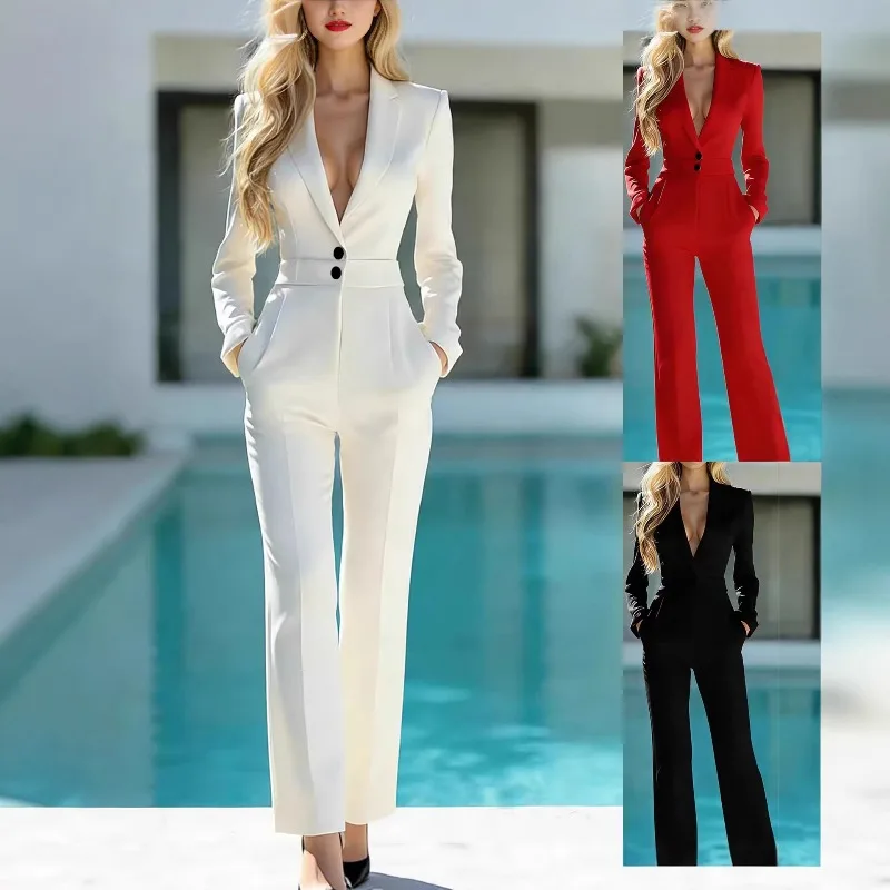Foreign Trade European American Fashion New Suit Collar Long-sleeved Elegant Commuting Waist-cinching One-piece Pants for Women