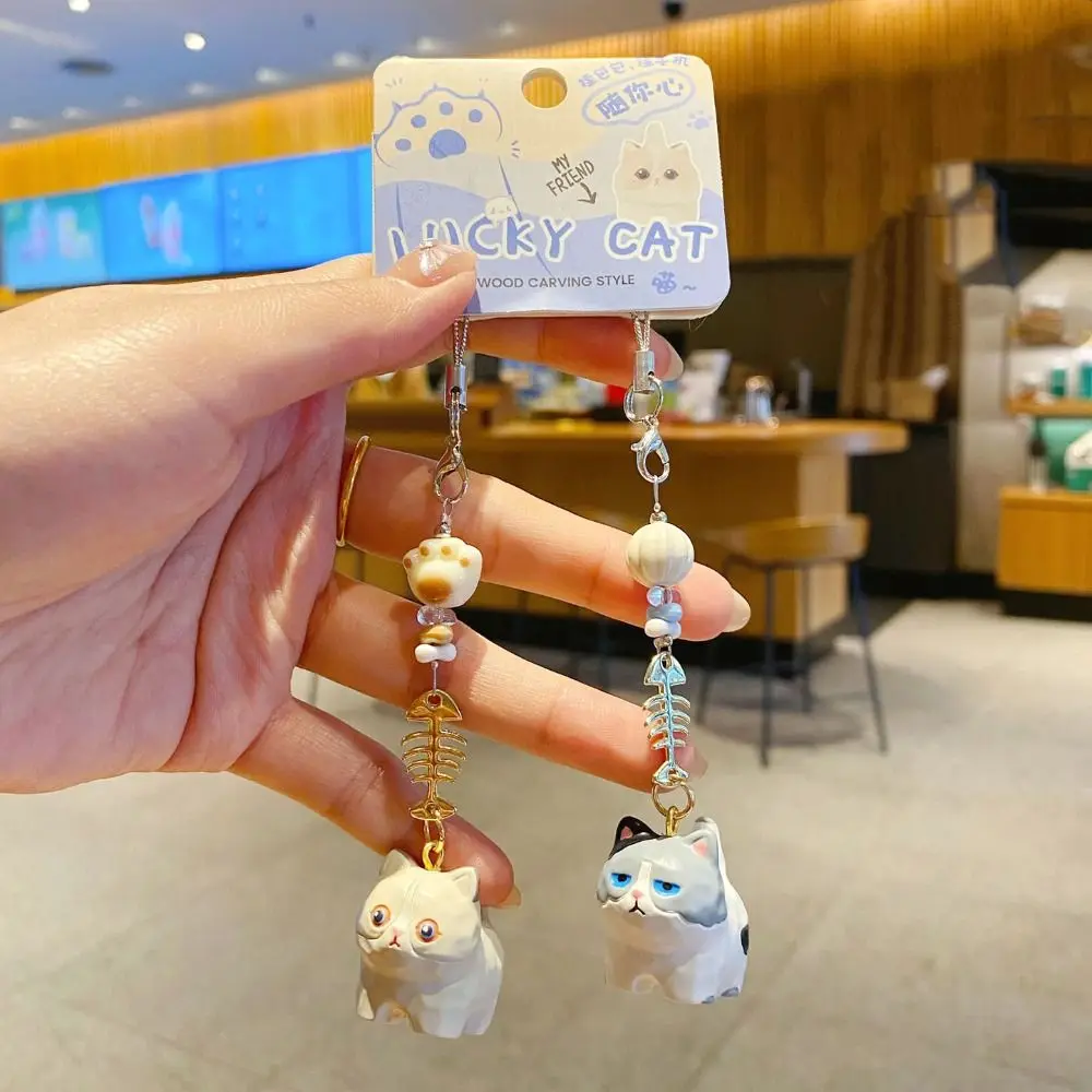 2 pçs moda pata contas gato espinha de peixe chaveiro saco pendurado bonito carro chaveiro ornamentos telefone cordão chave decoração