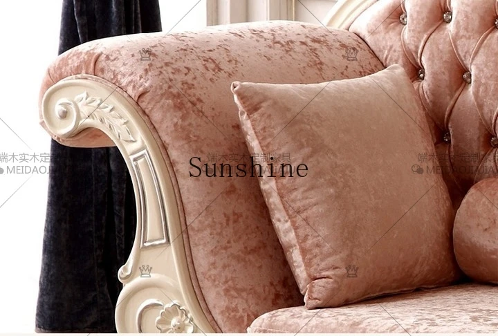 European solid wood carving flower fabric pull button chaise longue pink, ivory white, sofa, custom view 2