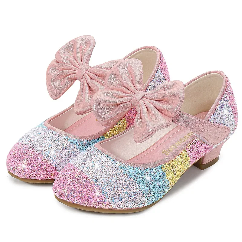 Girls' Leather Shoes Princess 2023 Rainbow Stripes Children Shoes Round-Toe Soft-Sole Big Girls High Heel Princess Crystal Shoes