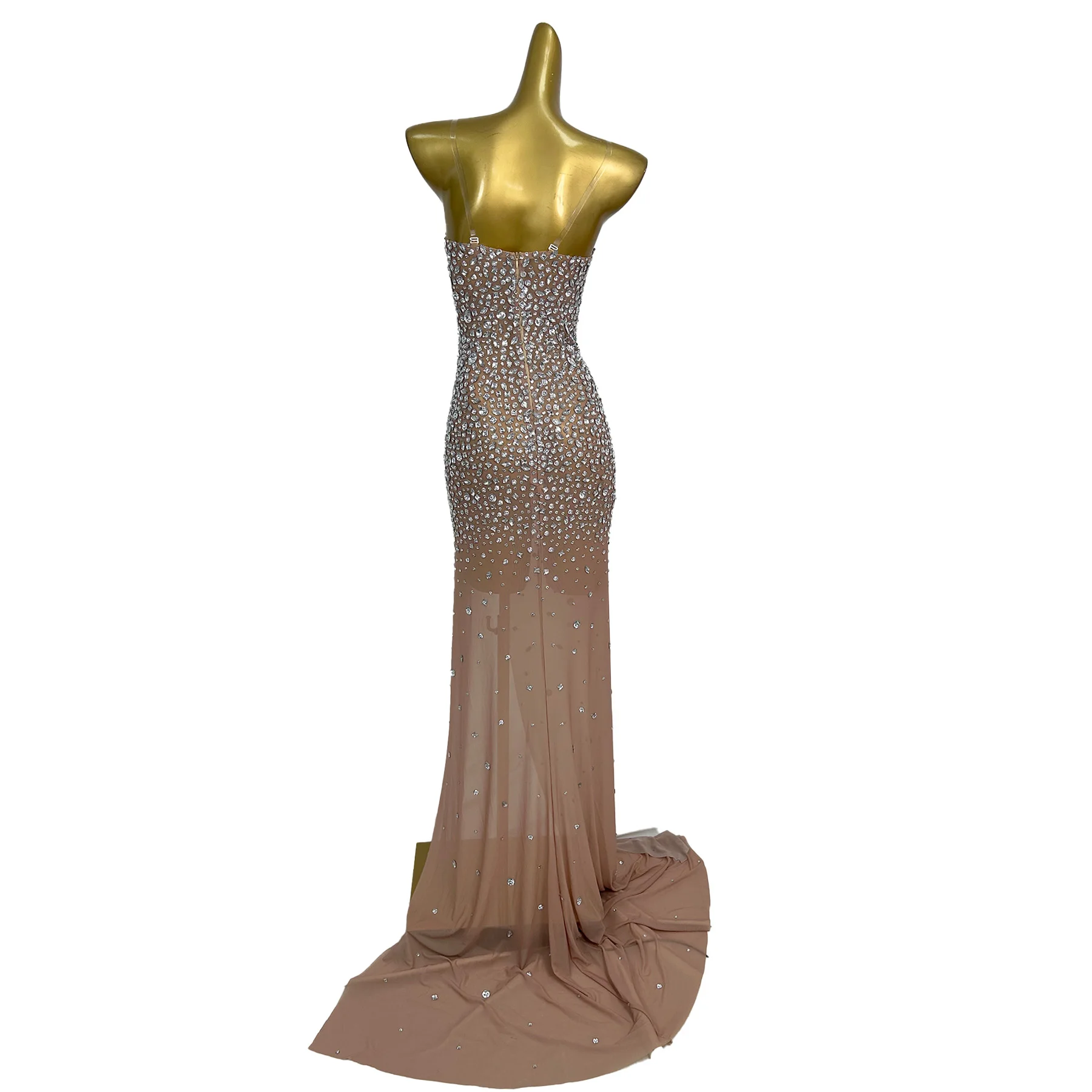 Hainiao Abito da sera da donna di lusso di fascia alta con strass argento Abito da ballo senza spalline in rete sexy Abito da cocktail per cena di nozze