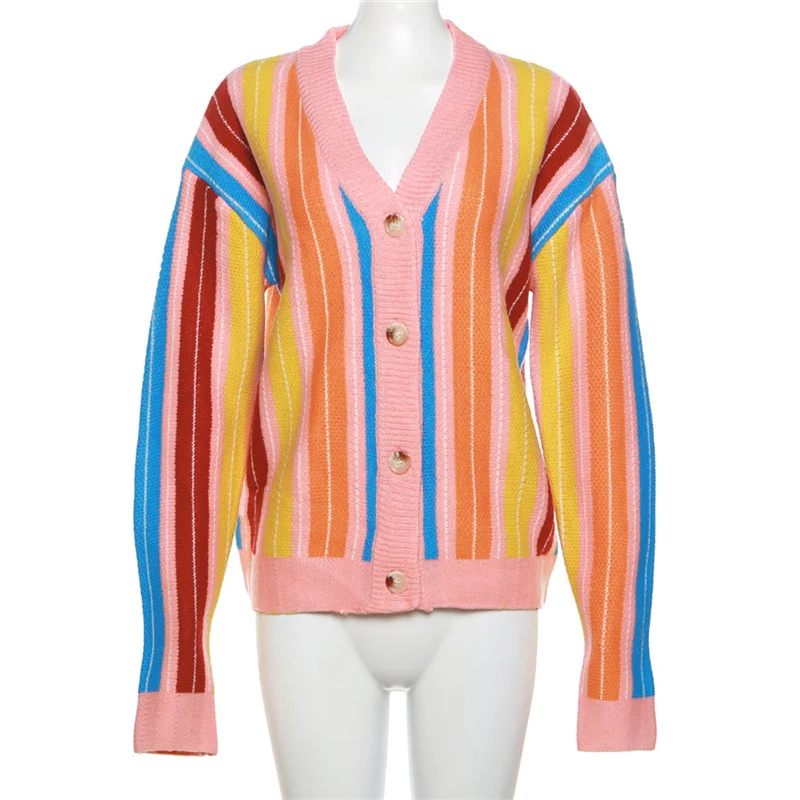 Sexy Colorful Stripe Print Long Sleeve Cardigan Top Women Single Breasted Casual Sweaters 2023 Fall Winter Birthday Clothes