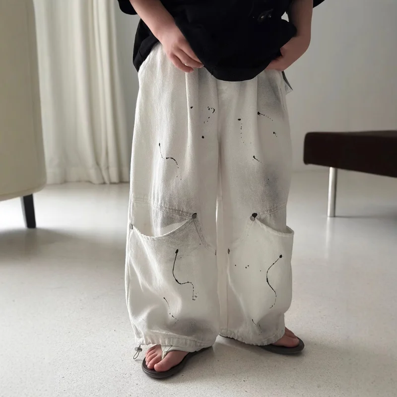 Children's Design Pants Spring and Summer 2025 Boys' Spray Painting Dirty Design Girls' Loose Cargo Pants