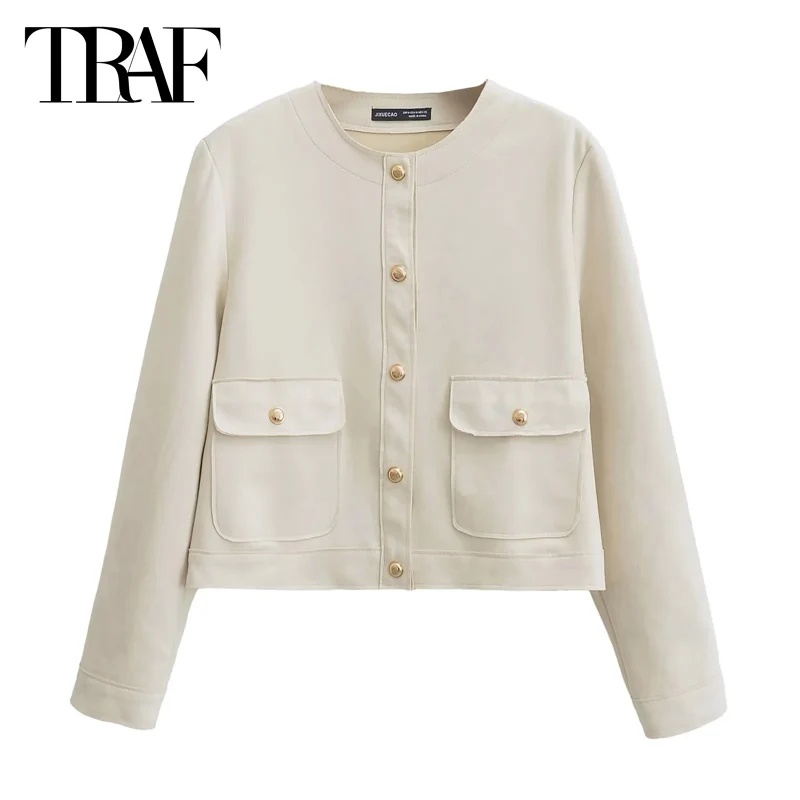 TRAF Women's Elegant Outerwears 2024 Spring Autumn Long Sleeve Varsity Jacket Coat Ladies Fashion Casual Office Beige Blue Coat