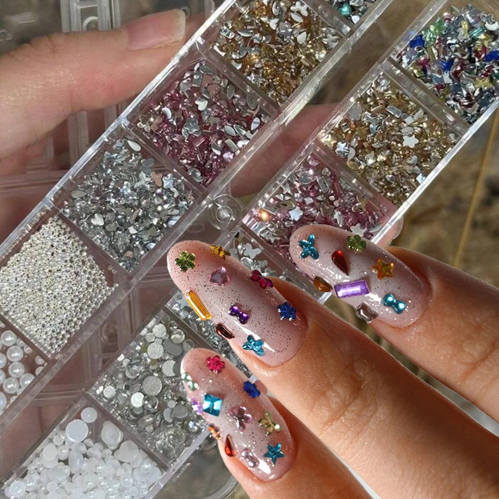 

12 Grids Multiple Colors Flat-back Nail Art Rhinestones 3D Butterfly/Star/Heart/Circle Irregular Diamond Gems Shiny Nail Decorat