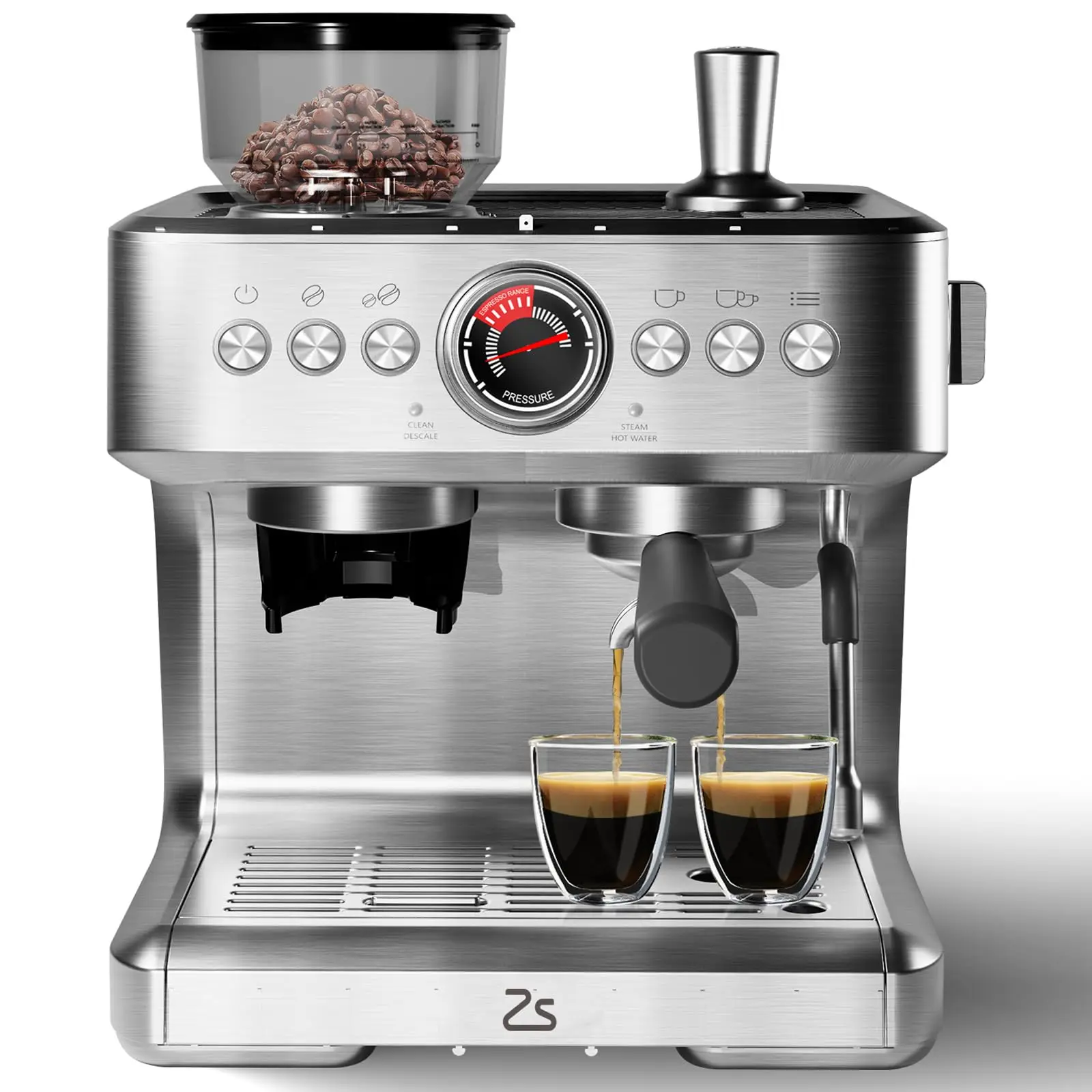 Espresso Coffee Maker With Grinder, 20 Bar Stainless Steel Professional Espresso Coffee Maker With Milk Frother, 2.8L Water Tank