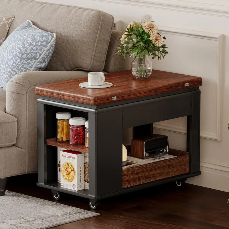 Modern Multi-Function Coffee Table with Foldable Top & Wheels, Multi-Tier Storage, Black & Walnut Finish