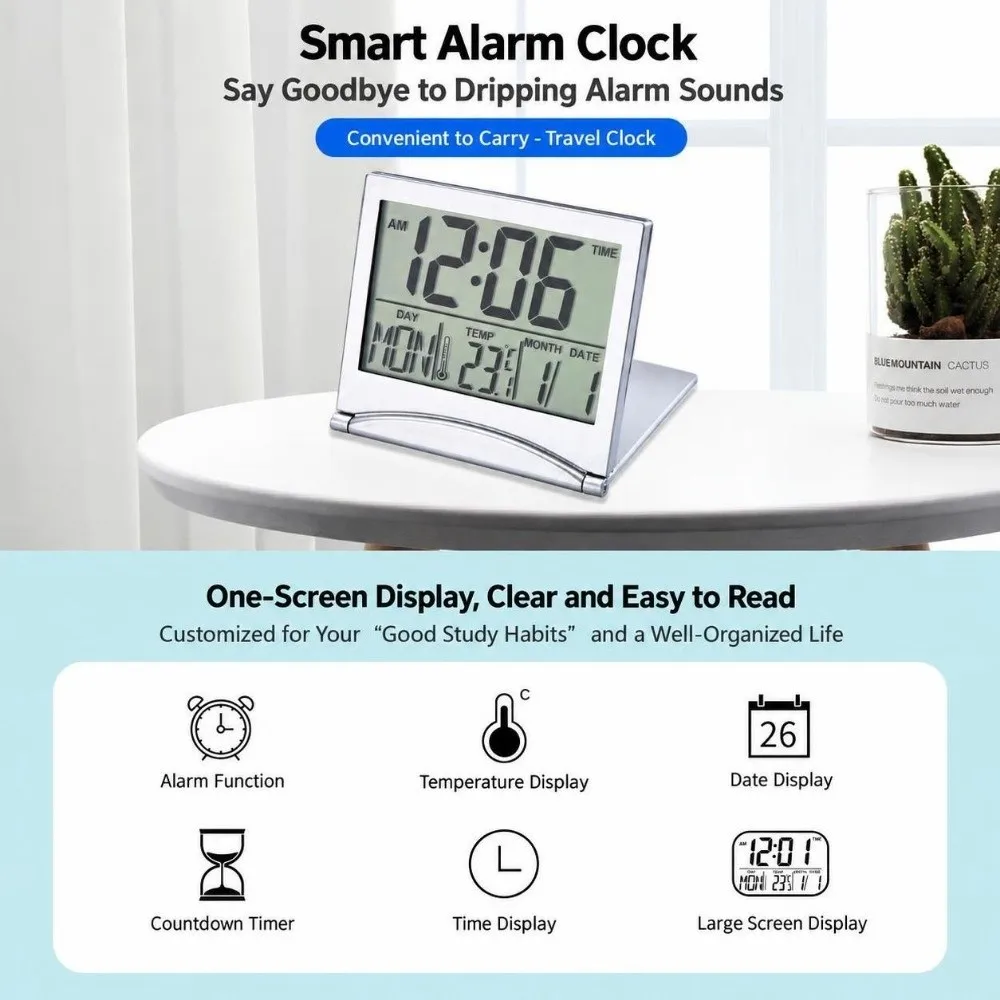Black White Desk Alarm Clock Electronic Timer Large Screen Compact Alarm Clock Temperature Display Foldable Design