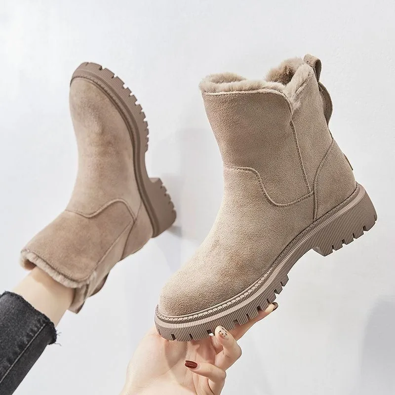 

Thickened Fleece Winter Boots Women's 2024 New Style Warm Cotton Shoes Street Style Mid-Calf Snow Boots Polyester Fiber