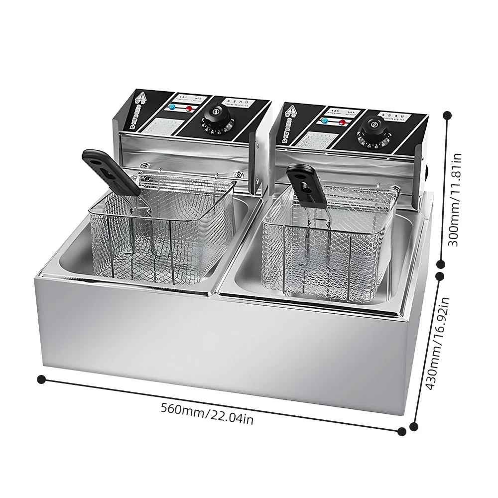 6L+6L Dual Tank Electric Deep Fryer with  Lid 2*1.7KW Stainless Steel Automatic Thermostatic and Removable Oil Filtration Basket