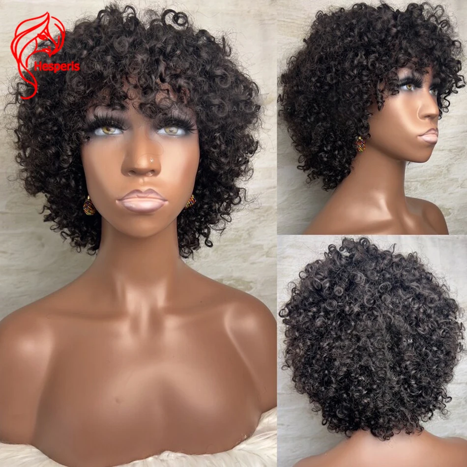 

Hesperis Short Curly Bob Human Hair Wig With Bangs Brazilian Remy Pixie Cut Curl Fulll Machine Made Wigs Natural Color For Women