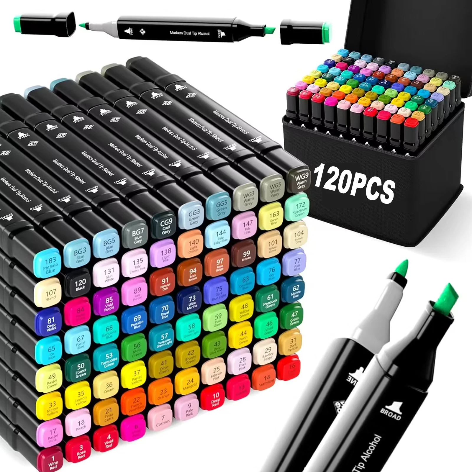 Stylo de peinture double tête 120 couleurs, idéal pour la décoration de vêtements, sacs à main et chaussures, usage artistique professionnel.