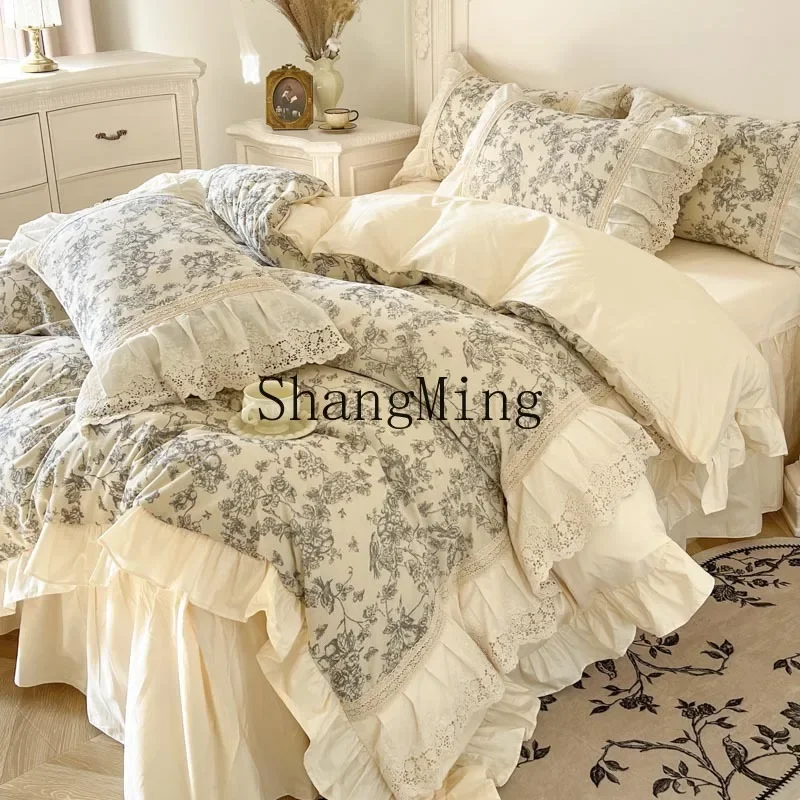 DSA retro pastoral flower cotton bed four-piece set of pure cotton hollow lace quilt cover bedding