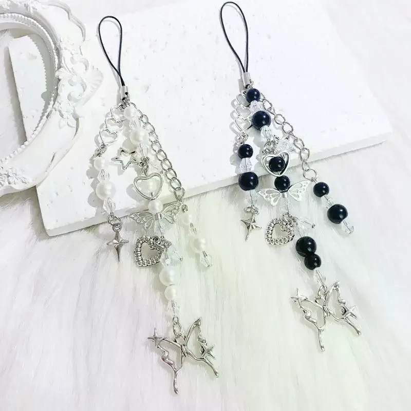Charm Strap Keyring for Phone Y2K Style Heart Butterfly Pendant Beaded Jewelry Lanyard String