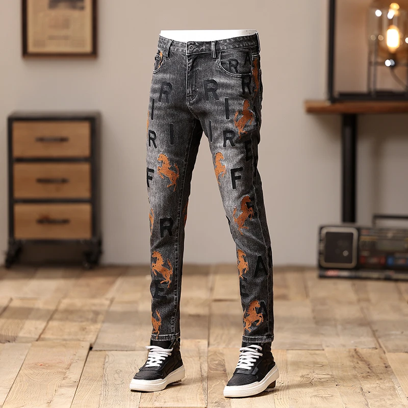 Designer Y2K Men's Slim Fit Jeans Washed Black Blue Elastic Retro Printed Fashionable Pants for Hombre