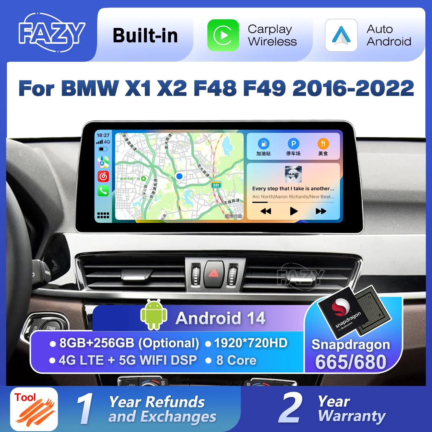 

12.3'' Qualcomm 680 Android 14 Auto Wireless CarPlay Screen For BMW X1 X2 F48 F49 2016-2022 Car Stereo Radio Player Navigation