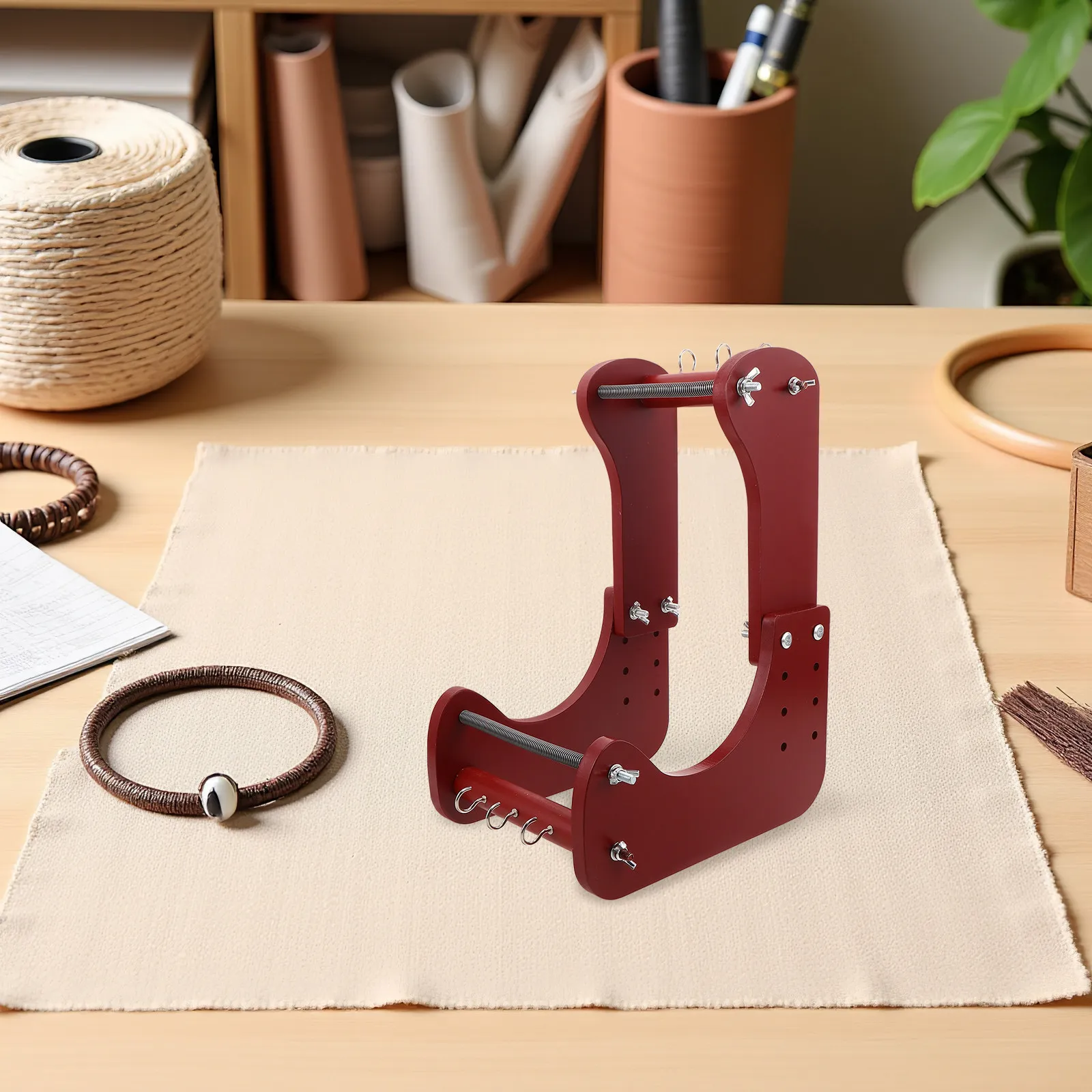 Adjustable Standing Wood Bead Loom Red Frame for Bracelet Necklace Making DIY Jewelry Craft Bracelet Weave Tool Ergonomic Bead