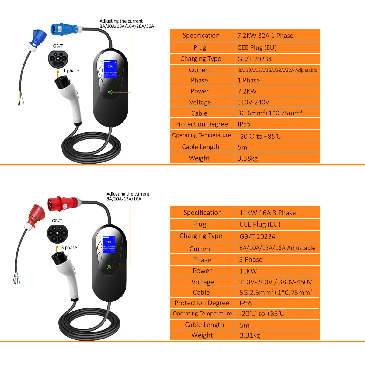 7KW GB/T EV Charger 5m Car Charging Cable box Home Fast Electric Vehicle Charger with Charging Adapter gbt Charger Electric Car