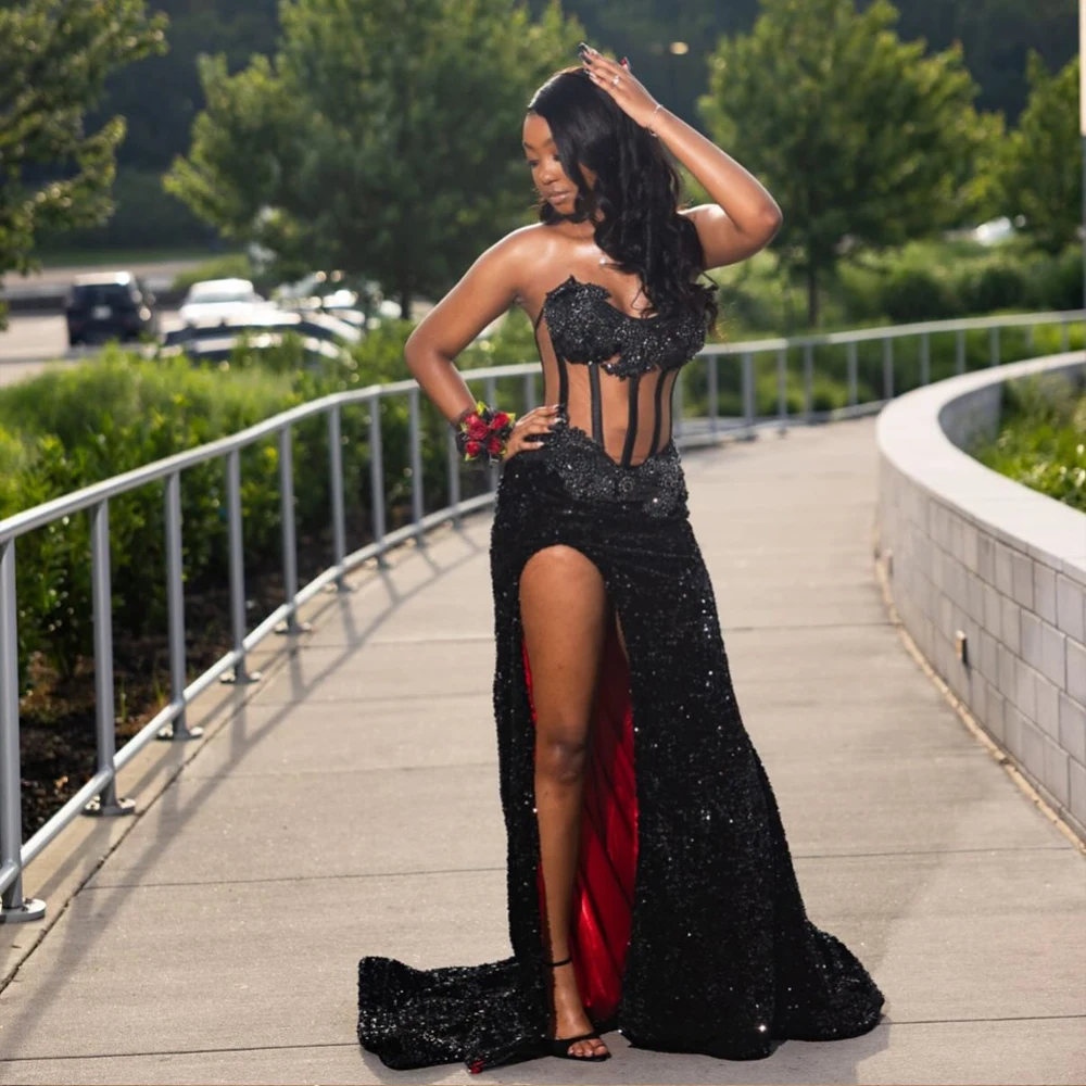 

Goregous Aso Ebi Black Beads Prom Dress Sequined Aplique African Girls Birthday Dress Luxury Wedding Guest Gown Customized